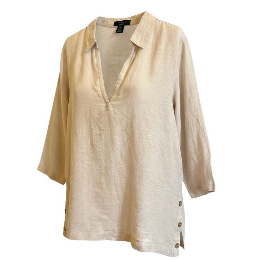 Tahari Popover Blouse Womens Sz XL 100% Linen Coastal Grandma oversized festival
